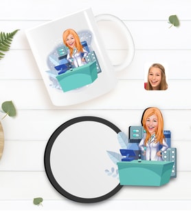 BK Gift Kişiye Özel Kadın Eczacı Karikatürlü Beyaz Kupa ve Ahşap Bardak Altlığı Hediye Seti-4