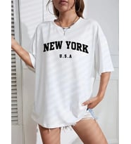 New York Baskılı Oversize Bisiklet Yaka T-shirt - Beyaz
