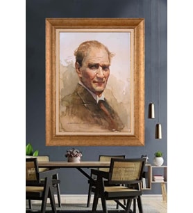 Altın Varaklı Çerçeveli Paspartulu Atatürk Tablo nh61 (Gold)
