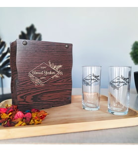 Ahşap Kutuda İsim Baskılı Rakı Bardağı Seti