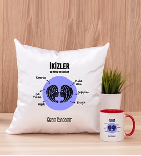 Kişiye Özel İkizler Burcuna Hediye Kare Yastık ve Kırmızı Kupa
