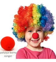 Palyaço Çocuk Yetişkin Karışık Renk Bonus Peruk Ve Burun Set Palyaço Peruk Palya