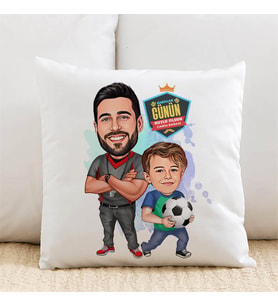Kişiye Özel Futbol Sever Baba ve Oğlu Karikatürlü Yastık