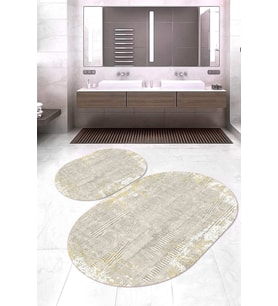 Dijital Baskılı Kaymaz Taban Yıkanabilir Oval 2'li Klozet Takımı Banyo Paspası NOKZ-HT-112 (Krem)