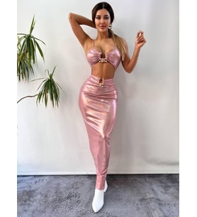 Pembe Pu Faux Lame Tokalı Elbise