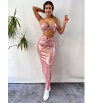 Pembe Pu Faux Lame Tokalı Elbise