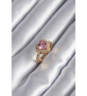 Pirinç Renk Pembe Zirkon Taşlı Charm Kalp Model Kadın Yüzük