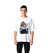 Erkek Oversize Anime Baskılı Tişört Boynuzlu Karakter Kedi Sevenlere Özel DTF Baskı Günlük Rahat