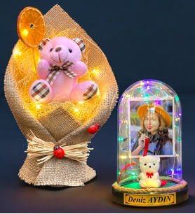 Size Özel Renkli Led Işıklı Fanus ve Led Işıklı Pembe Ayıcık Buketi Hediye Seti (Model 10)