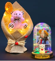 Size Özel Renkli Led Işıklı Fanus ve Led Işıklı Pembe Ayıcık Buketi Hediye Seti (Model 10)