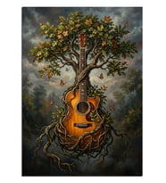 Kökleri Gitar Ağaç Heykeli Dekoratif Kanvas - Mdf Ahşap Tablo