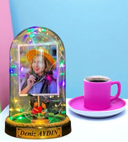 Size Özel Renkli Led Işıklı Fanus ve Pembe Türk Kahvesi Fincanı (Model 6)