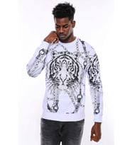 Beyaz Baskılı Ve Taşlı Bisiklet Yaka Sweatshirt - Wessi