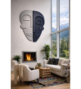 Modern Bohem İkili Yüz Ahşap Duvar Dekoru 80x50 cm İkili Mask Ev, Ofis, Kafe ve Oda Dekorasyonu