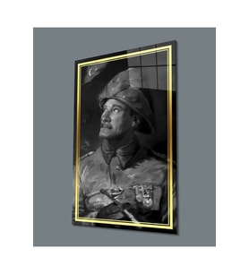 Miyrem Glasses Collection -A1^#  Gold Şerit Siyah Beyaz Yapay Zeka Üniformalı Atatürk Cam Tablo (Çok Renkli)