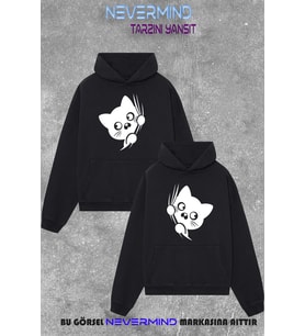 Çift Kombini Sweatshirt Seti – 3 İplik Oversize Kedi Desenli Hoodie Unisex (Siyah)
