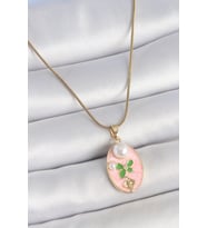 316L Çelik Gold Renk Zincir Pembe Mineli Oval İncili Çiçek İşlemeli Portre Mod - HPSBYI8228-1