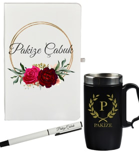 Kişiye Özel Şık Tasarım Hediye Defter Kalem Ve Siyah Termos Mug Seti