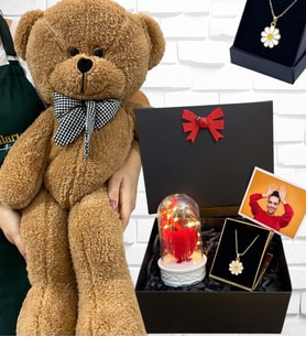 Büyük Boy Kahverengi Peluş Ayıcık ve Kolyeli Fotoğraflı Hediye Kutusu - Premium Set (Model 2)