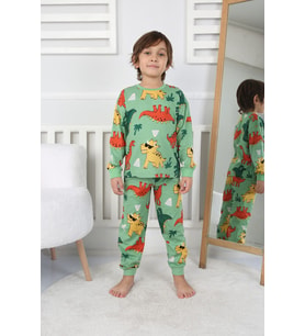 Dinozor Desenli Erkek Çocuk Pijama Takımı Yeşil