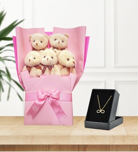 Yumoş Pembe Peluş Ayıcık Buketi Ve Sonsuzluk  Kolye