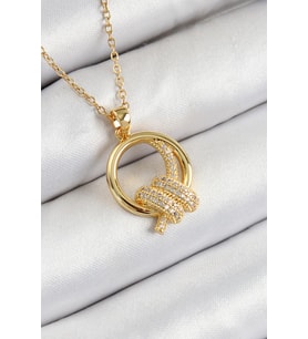 Çelik Zirkon Taşlı Düğüm Model Gold Renk Kadın Kolye
