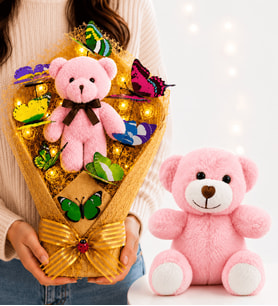 Büyük Boy LED Işıklı Pembe Ayıcıklı Renkli Kelebek Buketi ve Peluş Pembe Ayıcık Hediye Seti