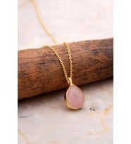 Doğal Pembe Kuvars Taşlı Damla Mini Altın Yaldızlı Gümüş Kolye 7750
