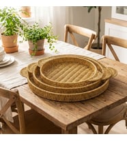 Roichil® İç İçe Geçebilen 3’lü Yuvarlak Plastik Rattan Tepsi Seti–Hasır Görünümlü Çok Amaçlı Servis ve Sunum Tepsileri