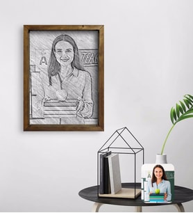 BK Gift Kişiye Özel Kadın Öğretmen Karakalem Tasarımlı Doğal Masif Ahşap Çerçeveli Tablo 45x65cm-1