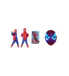 3 Ürün-Örümcek Adam Kostümü 4-6 Yaş Spiderman Işıklı Maske +Vantuz Atan Eldiveni (Karışık)