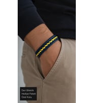 Kelmaro Navyline Lacivert Deri Erkek Bileklik - Çift Renk Örgü Detaylı