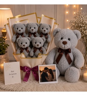 Aşk Temalı Ayıcık Buketi ve Büyük Peluş Ayıcık