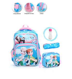 Mavi Love Elsa Anna Okul Çantası + Beslenme + Kalemlik + Suluk Frozen Sırt Çantası Atcık Çanta (Çok Renkli)