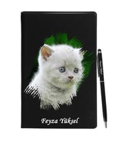 Kişiye Özel Kedi Tasarımlı Siyah Defter Kalem Hediye Seti