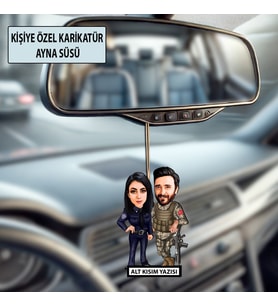 Kişiye Özel 2 Kişilik Kadın Polis Erkek Asker Karikatürlü 10 cm MDF Araç Dikiz Aynası Süsü - Askere ve Komutana Hediye Asker Hediyesi