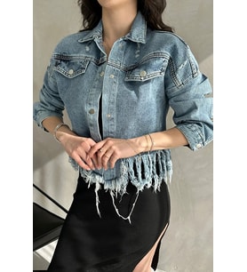 Püskül Detaylı Denim Crop Ceket