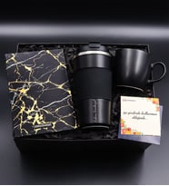 Kişiye Özel Siyah 500 Ml Çelik Termos & Siyah Mermer Desen Defter & Siyah Mat Kupa Hediye Seti