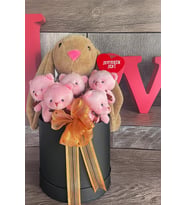 SOLE Premium Özel Hediye Kutusunda  45 cm Bunny Tavşan ve 5 Adet Pembe Peluş Ayıcık Buketi (Kırmızı)