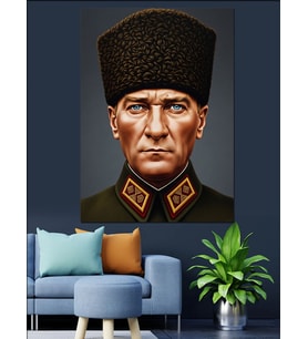 Atatürk Kalpaklı Renkli Portre Dekoratif Kanvas - Mdf Ahşap Tablo