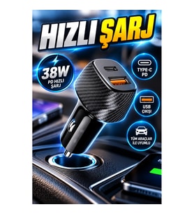 38W PD Destekli Type-C ve USB Portlu Araç İçi Hızlı Şarj Cihazı