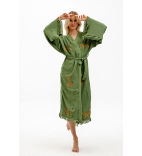 Müslin Kimono %100 Pamuklu Leopar Baskılı Desenli Bornoz Kaftan Sabahlık (Haki)