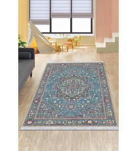 Mavi Klasik Göbekli Dokuma Pamuk Taban Kaymaz Kilim KLM309
