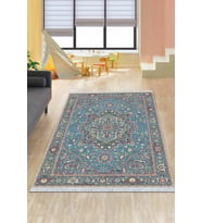 Mavi Klasik Göbekli Dokuma Pamuk Taban Kaymaz Kilim KLM309