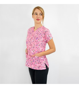 Unisex Pembe Güzellik Desenli Esnek  Likralı  Estetisyen Hemşire Doktor Scrubs Cerrahi Tek Üst Forma