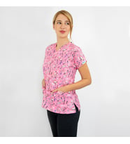 Unisex Pembe Güzellik Desenli Esnek  Likralı  Estetisyen Hemşire Doktor Scrubs Cerrahi Tek Üst Forma