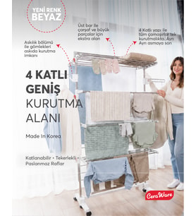 Ceraware Home S4 Premium 4 Katlı BEYAZ Çamaşırlık Made in Korea Tam Katlanır Tekerlekli Çamaşır Kurutmalık