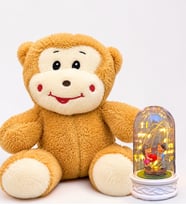 LED Işıklı Kalp Tutan Çiftli Fanus ve Sevimli Mutlu Peluş Maymun Hediye Seti
