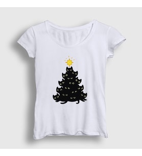 Presmono Kadın Beyaz Lights Black Cat Kedi Yılbaşı T-Shirt 364313tt