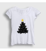 Presmono Kadın Beyaz Lights Black Cat Kedi Yılbaşı T-Shirt 364313tt
